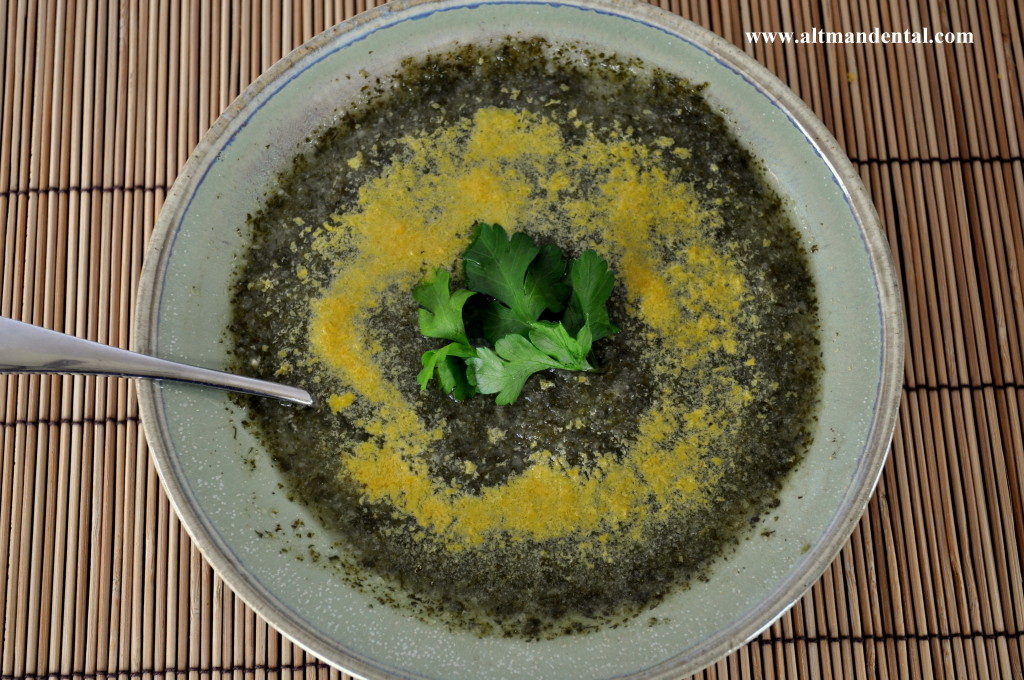 Vegan cauliflower and greens soup with nutritional yeast