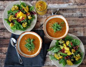 Indian Lunch of Tomato Red Lentil Curry Soup, Mango Chutney, and Salad with Roasted Curried Cauliflower