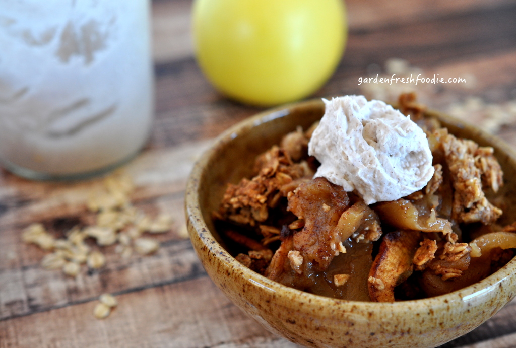 Bowl of Apple Cobbler Topped With Coconut Cream