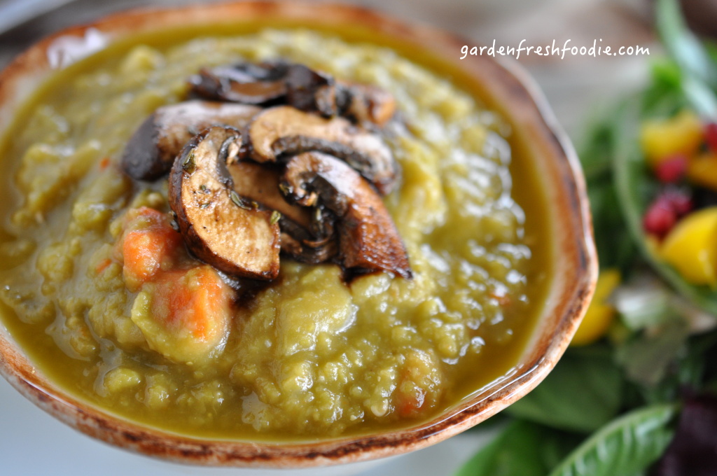 Split Pea Soup Topped With Balsamic Mushrooms