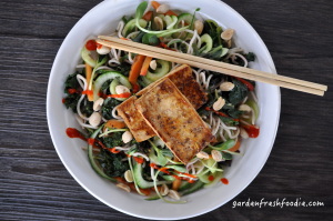 Tropical Tofu on Asian Noodle Bowl With Siracha and Peanuts