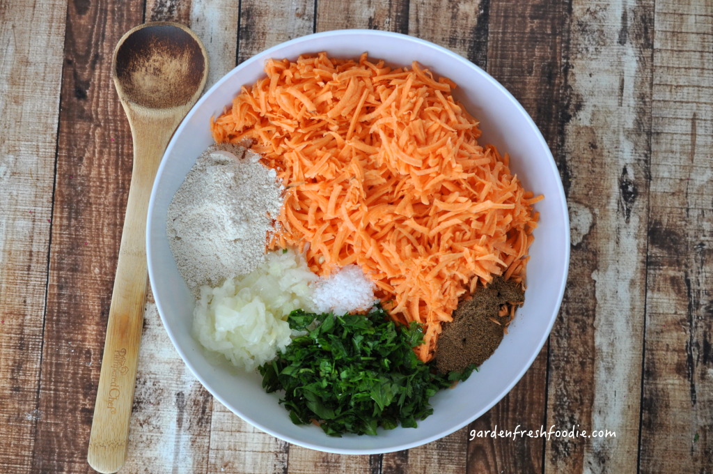Mixing Indian Spiced Sweet Potato Latkes