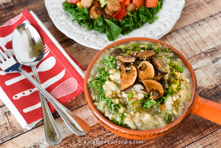 Bowl of Mock Mushroom Barley Soup and Salad