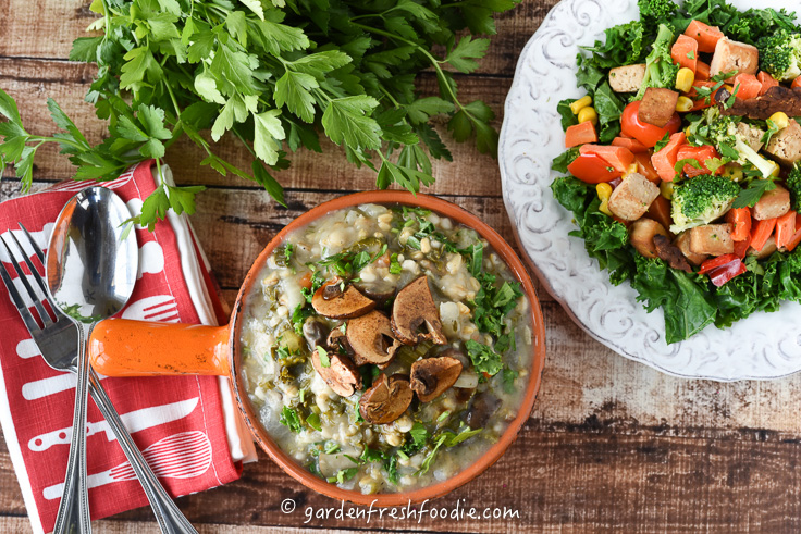 Mock Mushroom Barley Soup and Kale Salad
