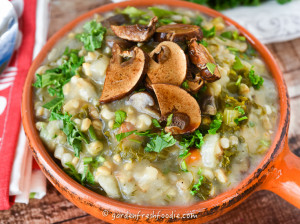 Up Close Bowl of Mock Mushroom Barley Soup