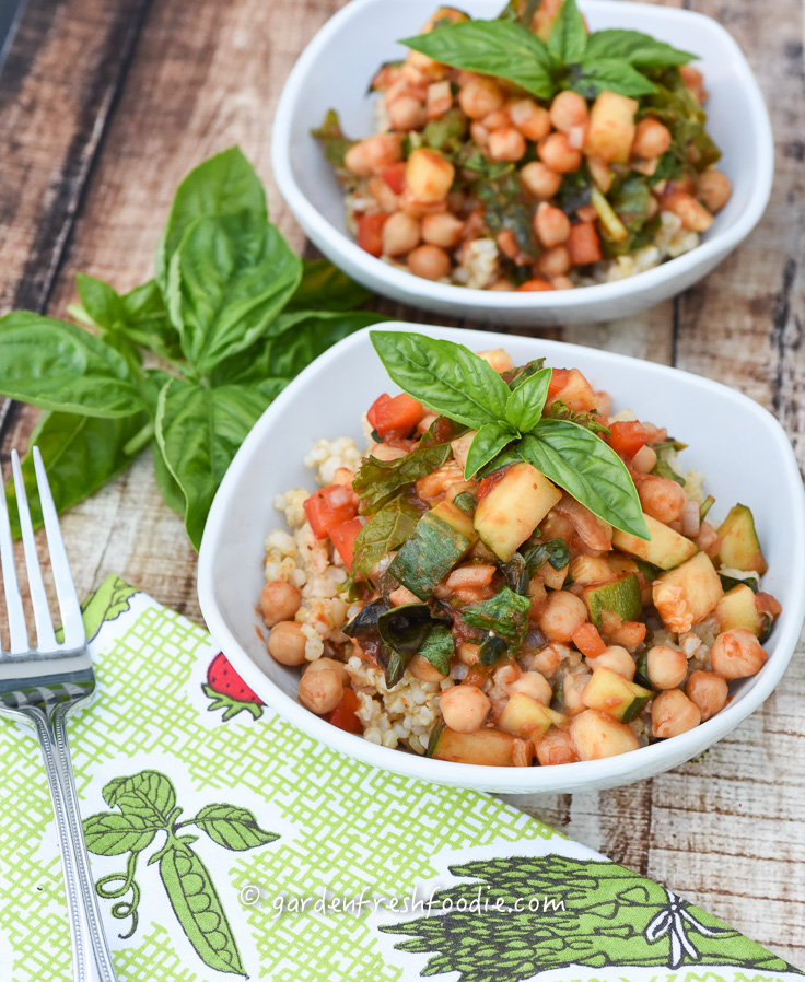 Saucy Chickpeas WIth Zucchini and Fresh Greens and Basil Over Rice