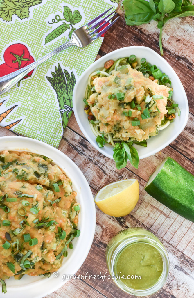 Bowl of Red Lentil Ragu With Pesto Zoodles