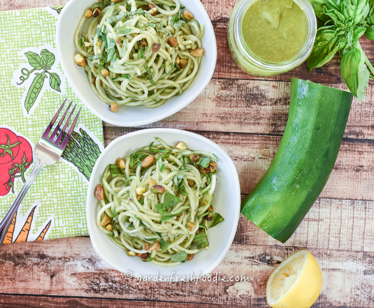 Overhead of Nut Free Pesto and Fresh Zucchini Noodles