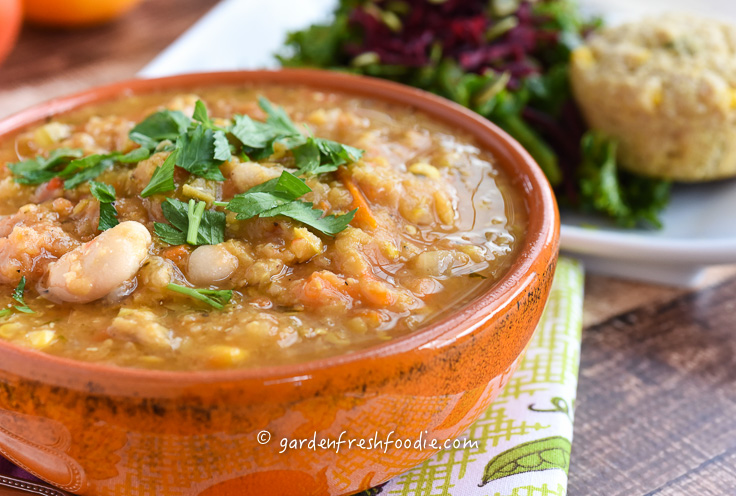 Italian Curry Red Lentil Soup With Cannellini Beans Served With Corn Muffins