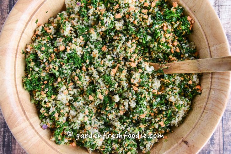 Mixing Quinoa Kale Crustless Quiche Ingredients