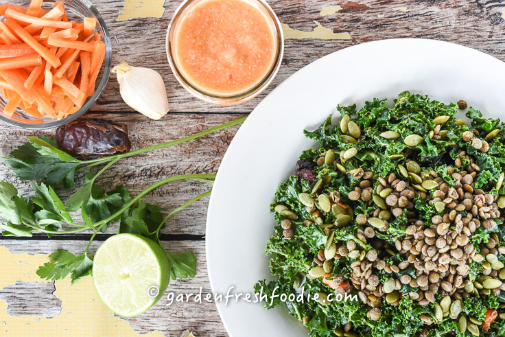 Carrot Ginger OIl Free Dressing With Kale Salad Topped With Lentils