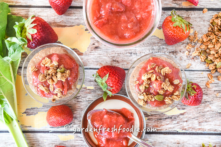 Strawberry Rhubarb Compote With Chia Seed Pudding Topped With Tahini Ginger Granola