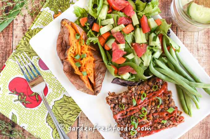 Vegan Lentil Cassoulet Dinner With Sweet Potato and Fresh Garden Veggies