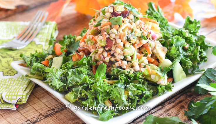 Massaged kale salad with buckwheat harvest salad
